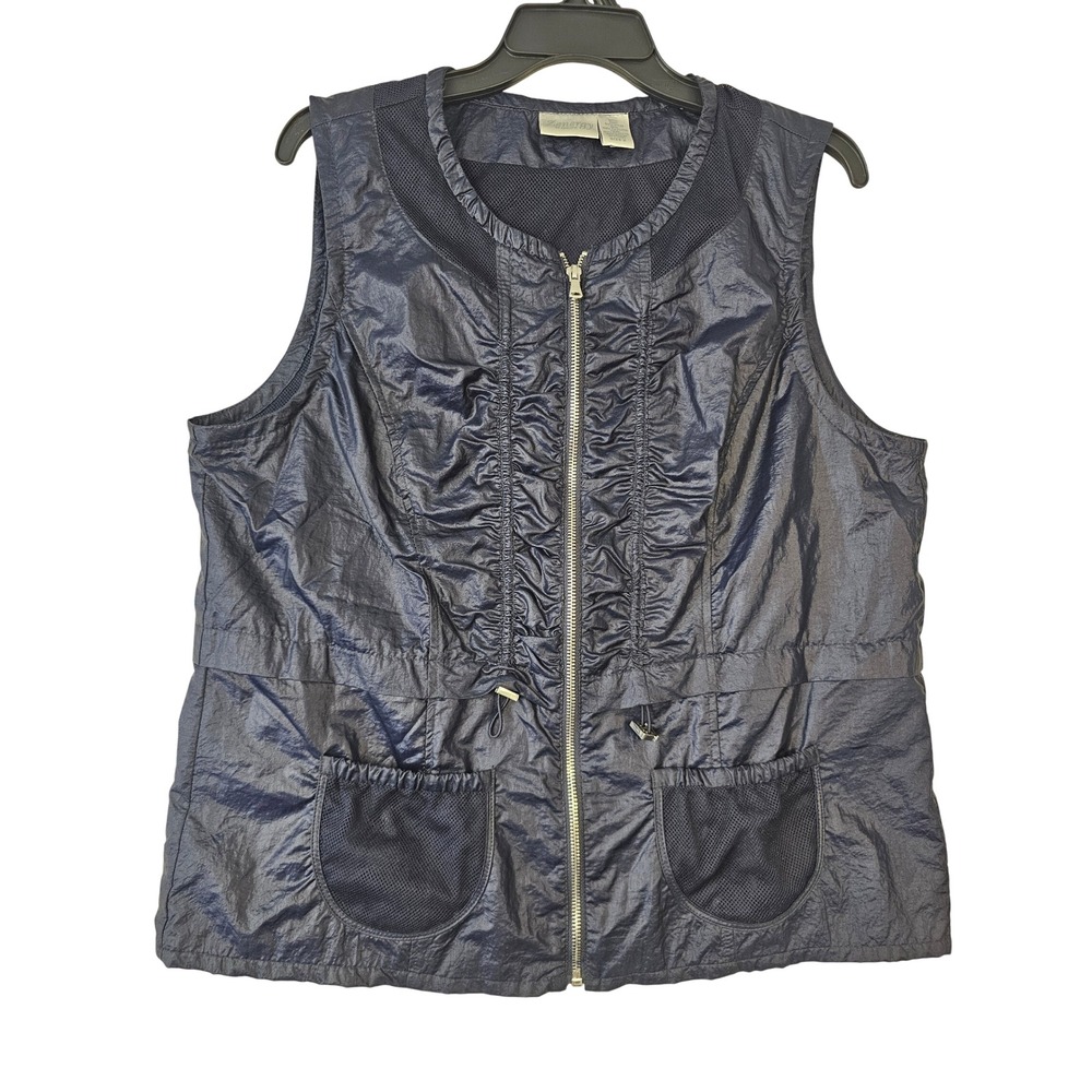 Zenergy by Chicos Navy Blue Full Zip Ruched Utility Vest Mesh Pockets Size 2 L